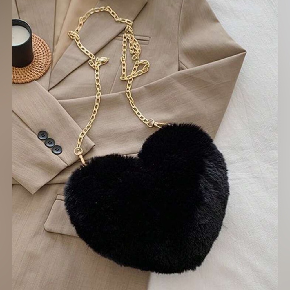 - Black Faux Fur Heart-Shaped Bag with Gold Chain